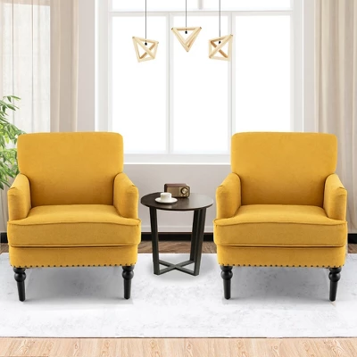 Tangkula Set Of 2 Modern Accent Chair Upholstered Sofa Chair W/ Rubber Wood Legs Yellow 4 Tangkula Set Of 2 Modern Accent Chair Upholstered Sofa Chair W/ Rubber Wood Legs Yellow - Image 2